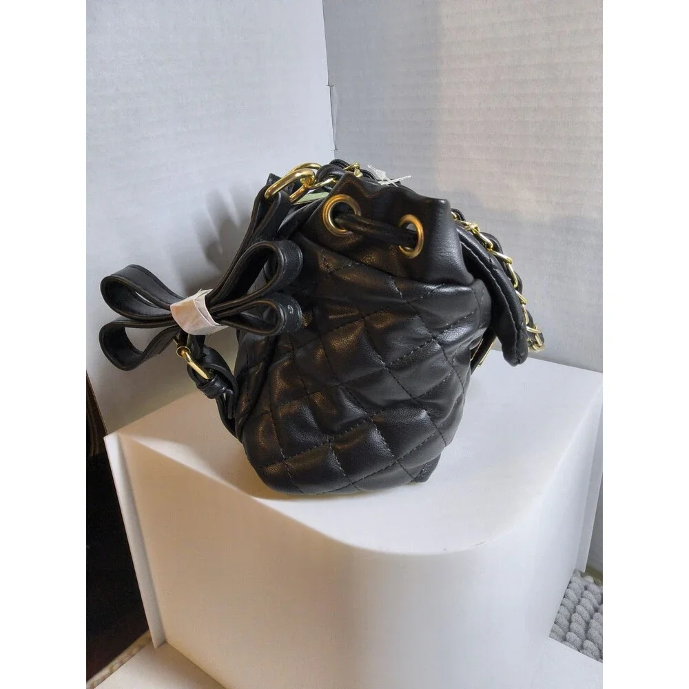 Badgley Mischka Black Quilted Micro Mini Backpack Vegan Leather Dual Straps Adj